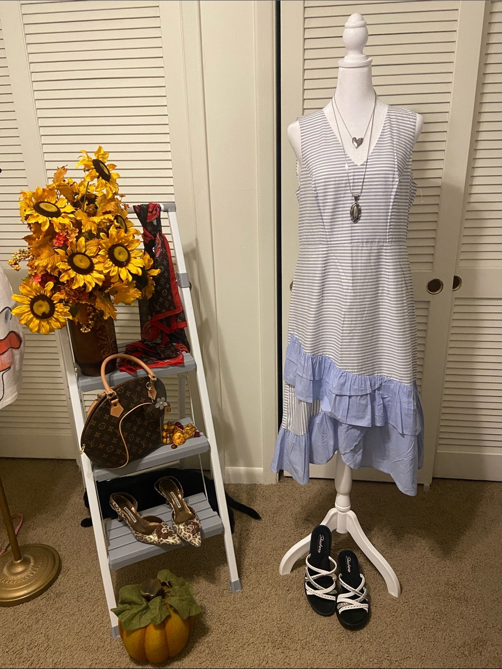 Ivanka Trump Blue and White Striped Asymmetrical Ruffle Dress